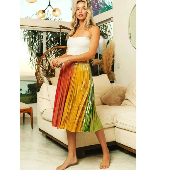 BiBi Rainbow Pleated Midi Skirt New Large - Picture 3 of 5